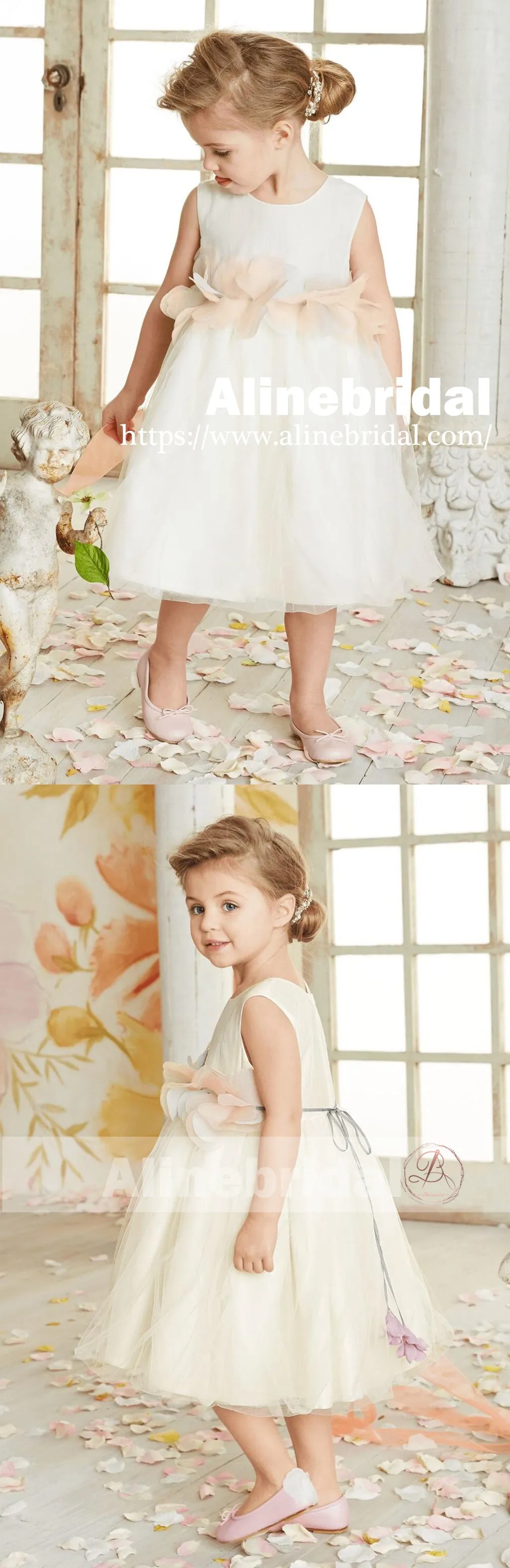 Dark Ivory Satin Tulle Sleeveless With Unique Sash Flower Girl Dresses, FGS090