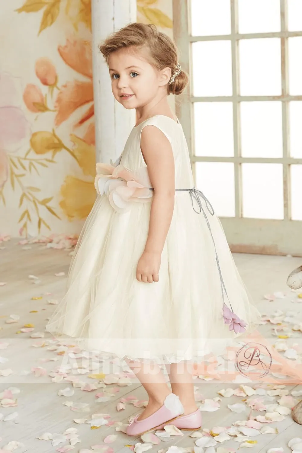 Dark Ivory Satin Tulle Sleeveless With Unique Sash Flower Girl Dresses, FGS090