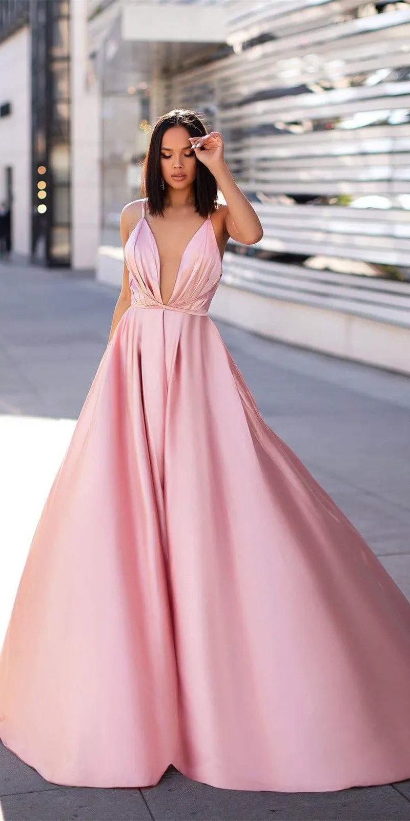 Deep V-neck Baby Pink Satin Prom Dresses, A-line Prom Dresses, 2021 Prom Dresses, Cheap Prom Dresses