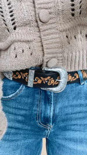 Delilah Vintage Western Floral Belt, Black