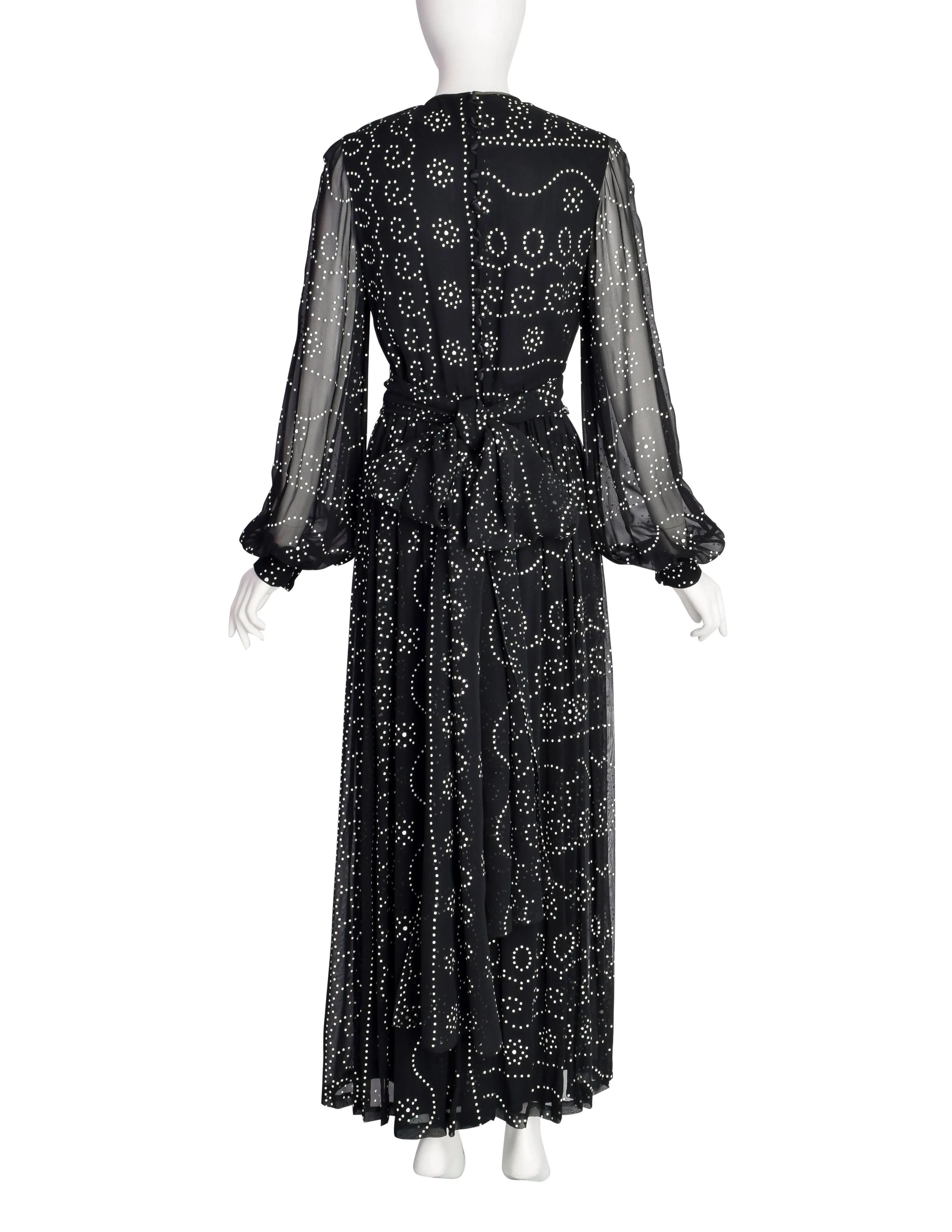 Donald Brooks Vintage Black White Dot Print Chiffon Bishop Sleeve Gown Dress