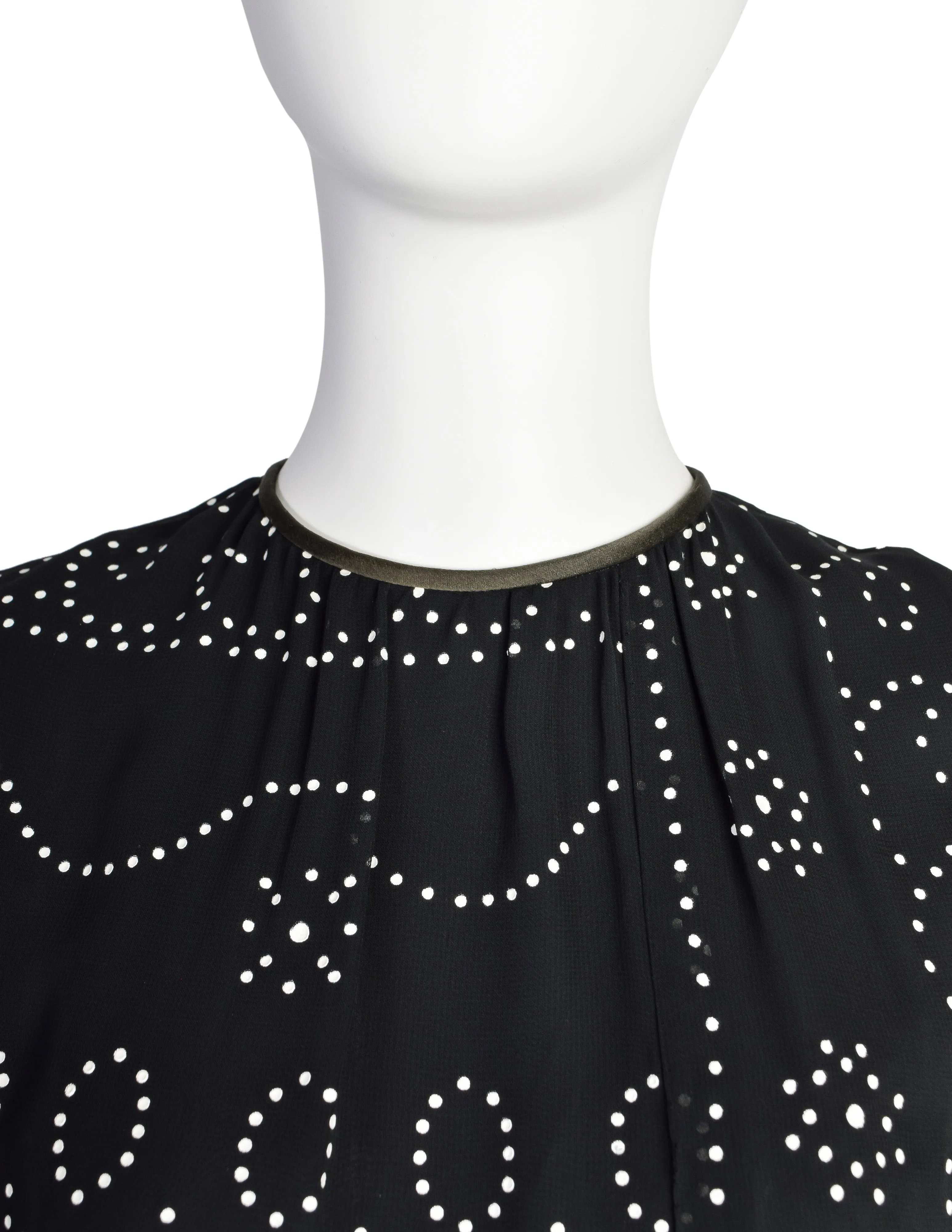 Donald Brooks Vintage Black White Dot Print Chiffon Bishop Sleeve Gown Dress