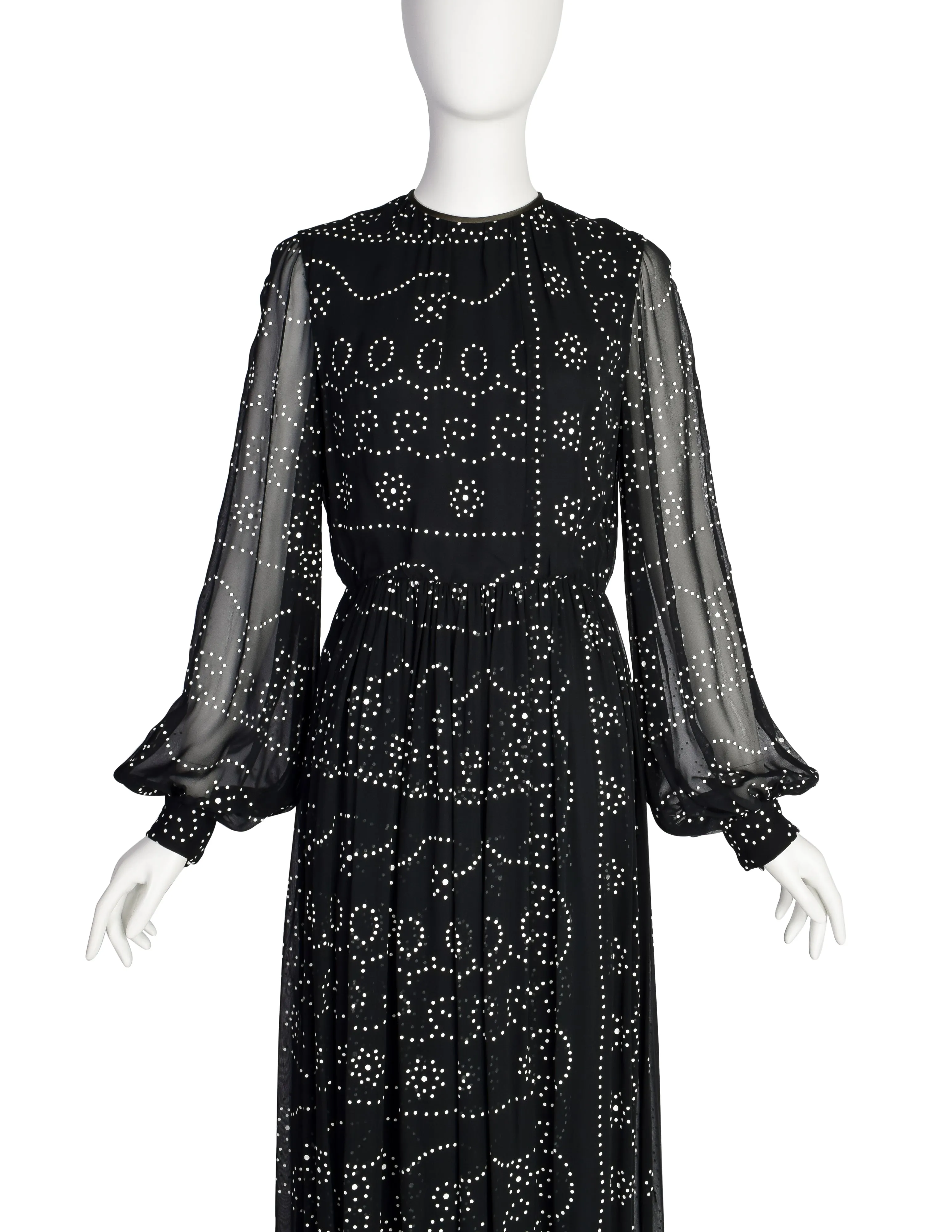 Donald Brooks Vintage Black White Dot Print Chiffon Bishop Sleeve Gown Dress