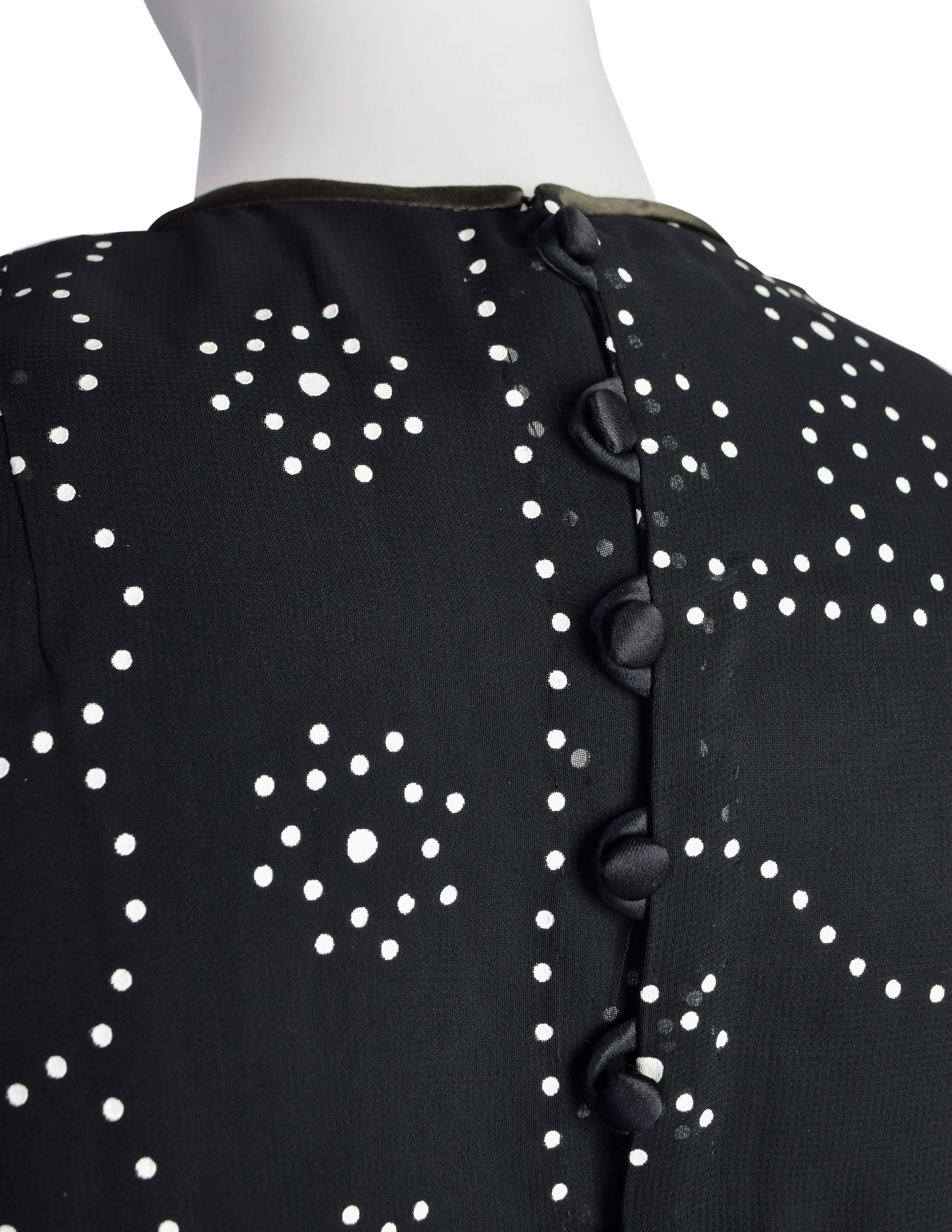 Donald Brooks Vintage Black White Dot Print Chiffon Bishop Sleeve Gown Dress