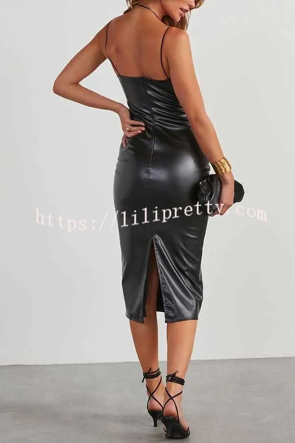 Dramatic Moments Faux Leather Slit Midi Dress