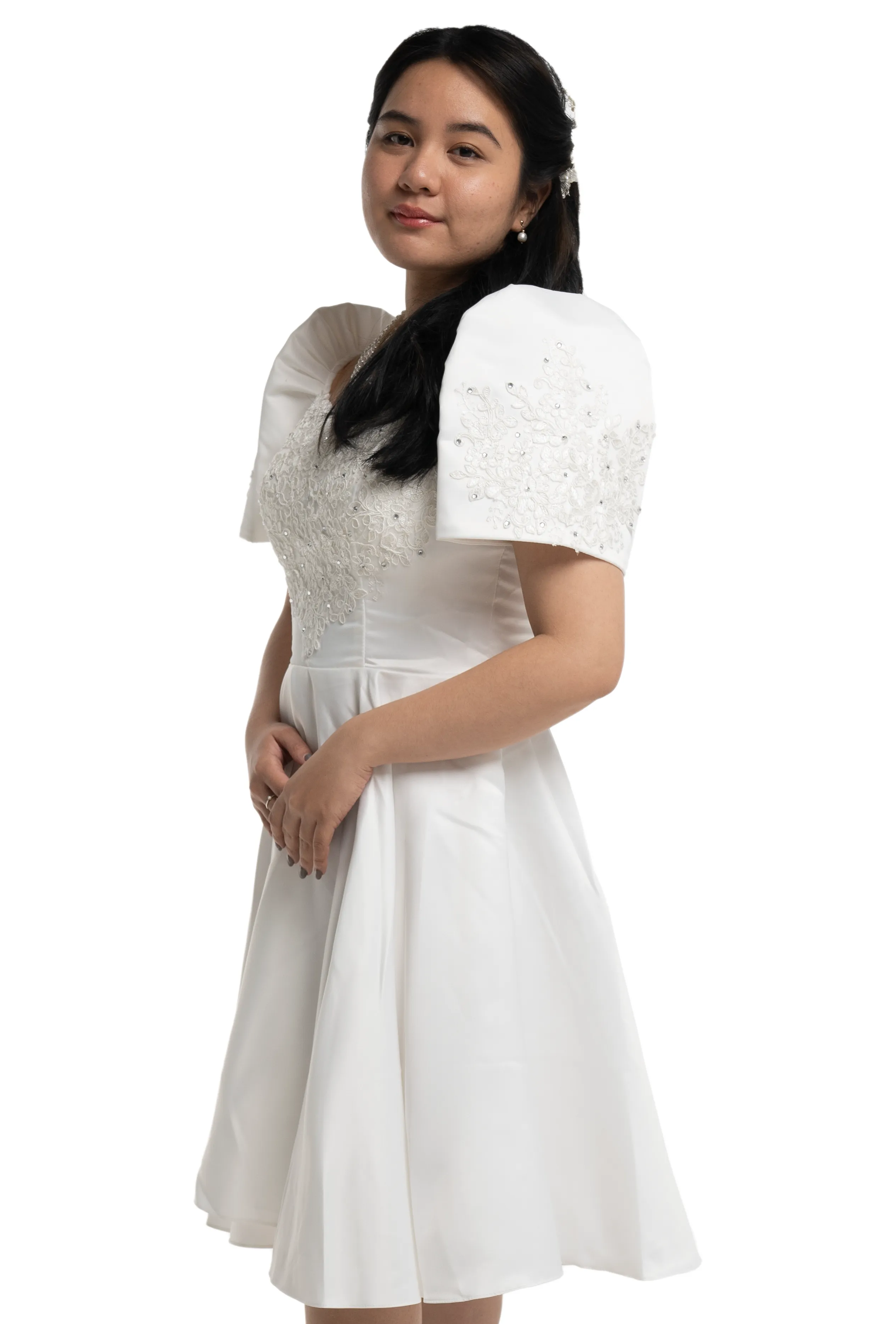 Duchess White Modern Filipiniana Midi Dress - Sandra - MR512