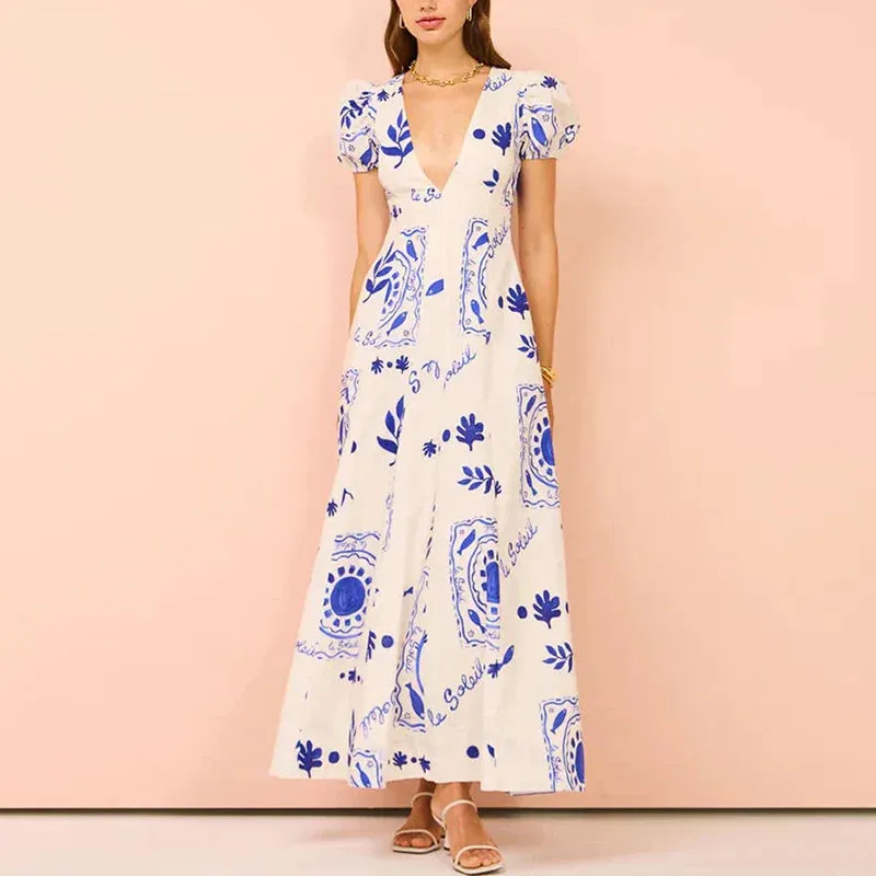 Elegant Maxi Pockets Printed Sexy V Neck Commuter Chic Puff Sleeve Floral French Dress