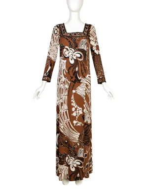 Emilio Pucci Vintage 1960s Brown Black Psychedelic Floral Print Silk Jersey Column Dress