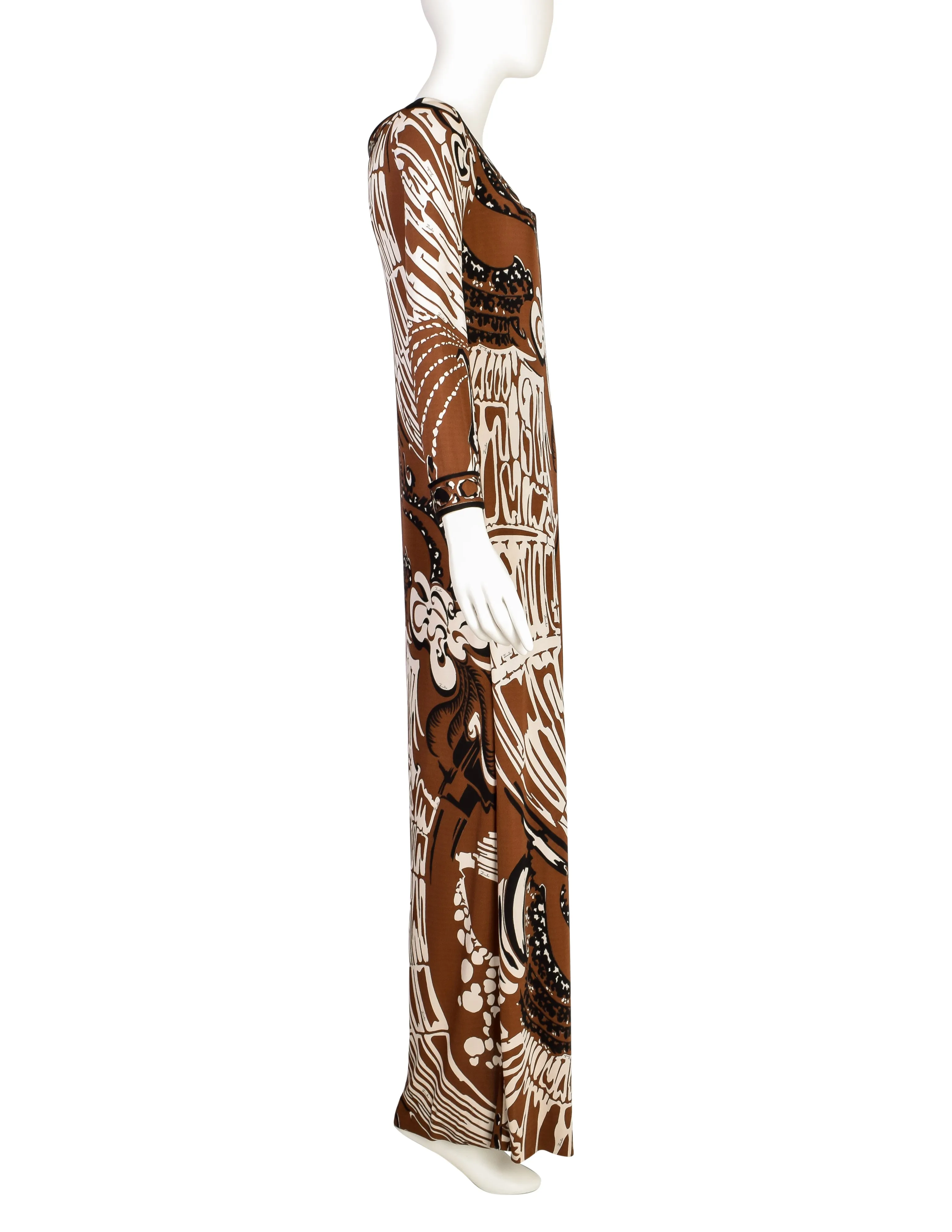 Emilio Pucci Vintage 1960s Brown Black Psychedelic Floral Print Silk Jersey Column Dress