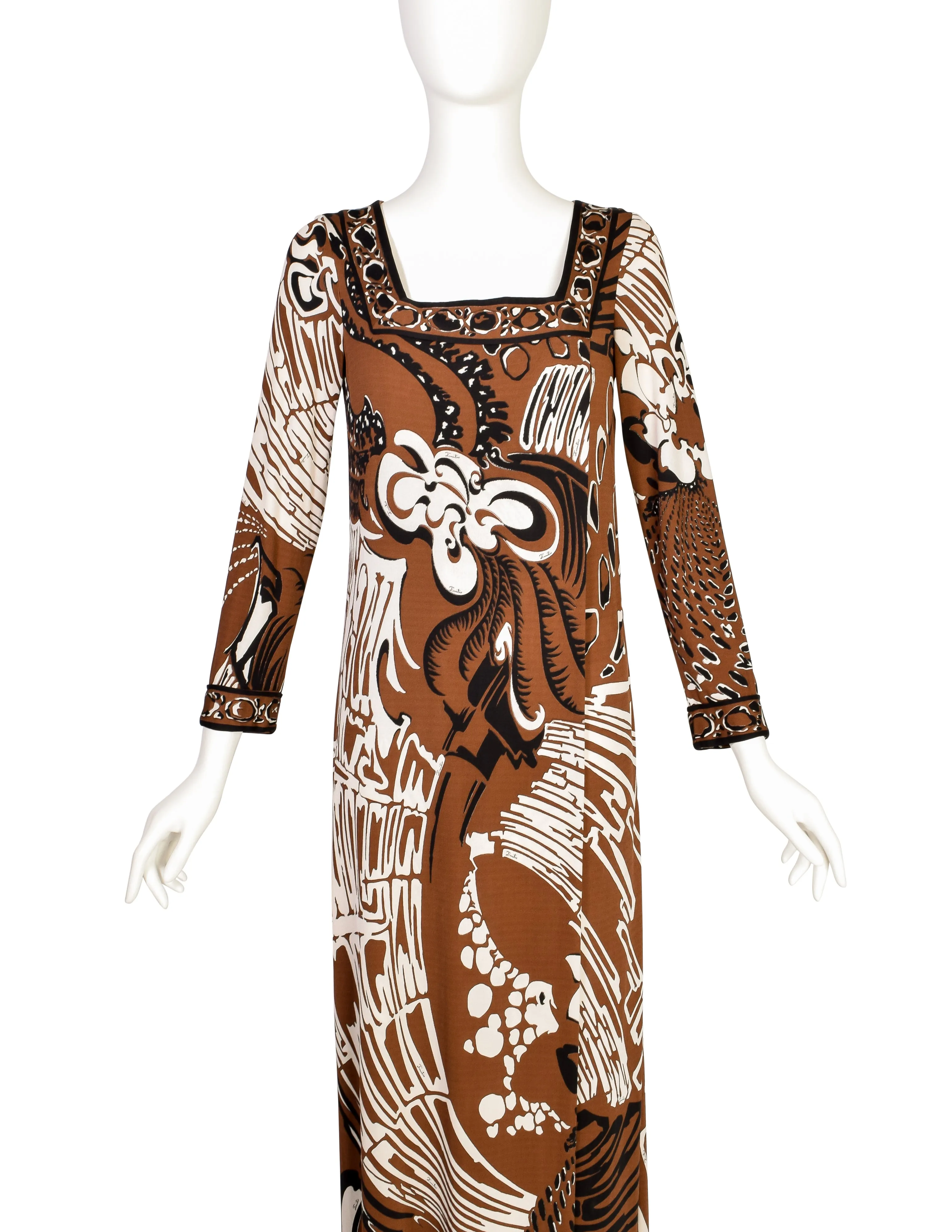 Emilio Pucci Vintage 1960s Brown Black Psychedelic Floral Print Silk Jersey Column Dress