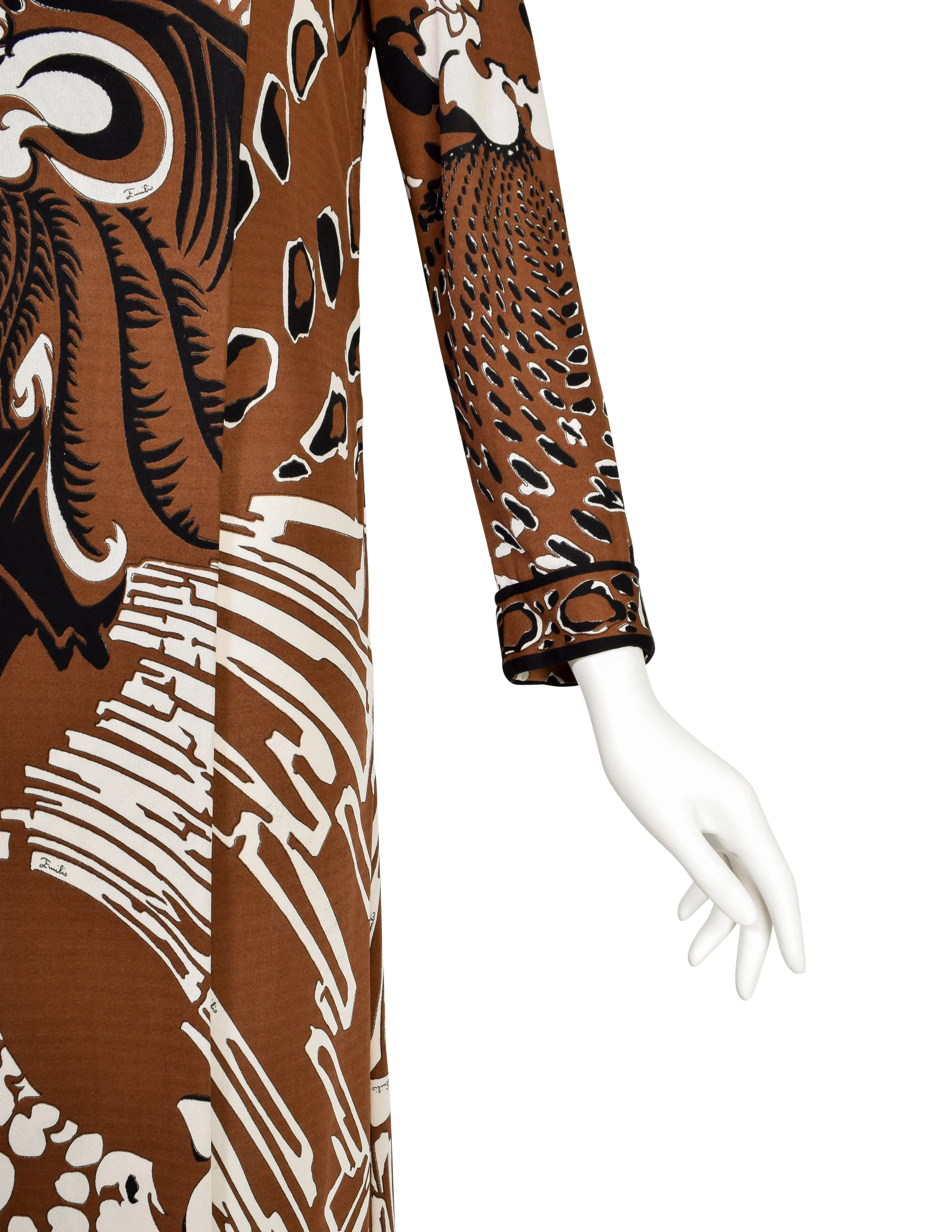 Emilio Pucci Vintage 1960s Brown Black Psychedelic Floral Print Silk Jersey Column Dress