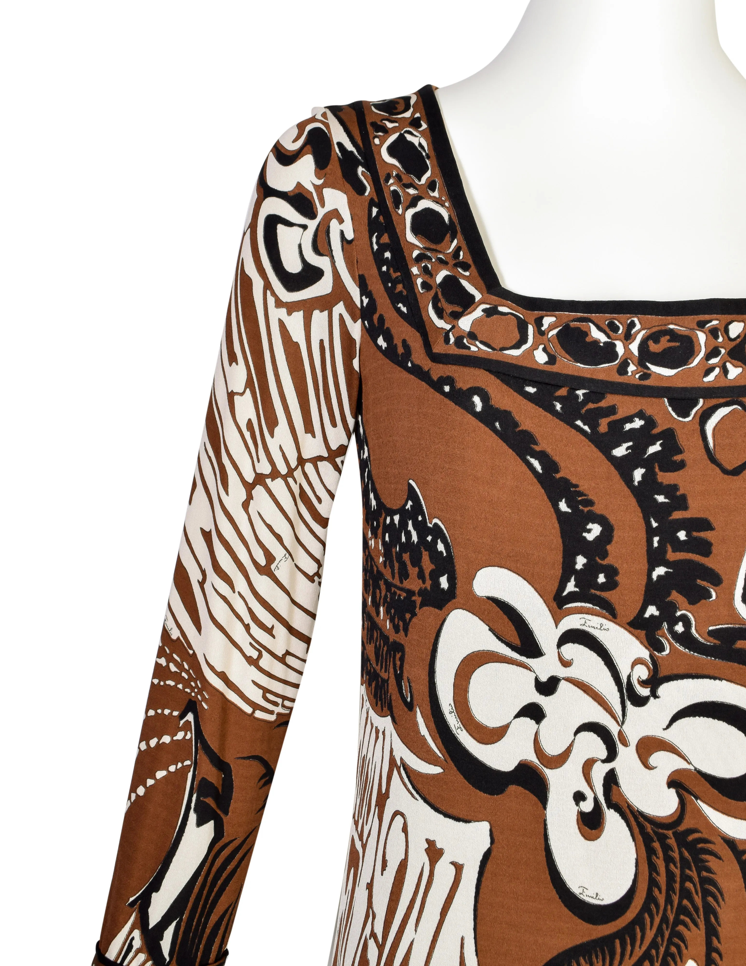 Emilio Pucci Vintage 1960s Brown Black Psychedelic Floral Print Silk Jersey Column Dress