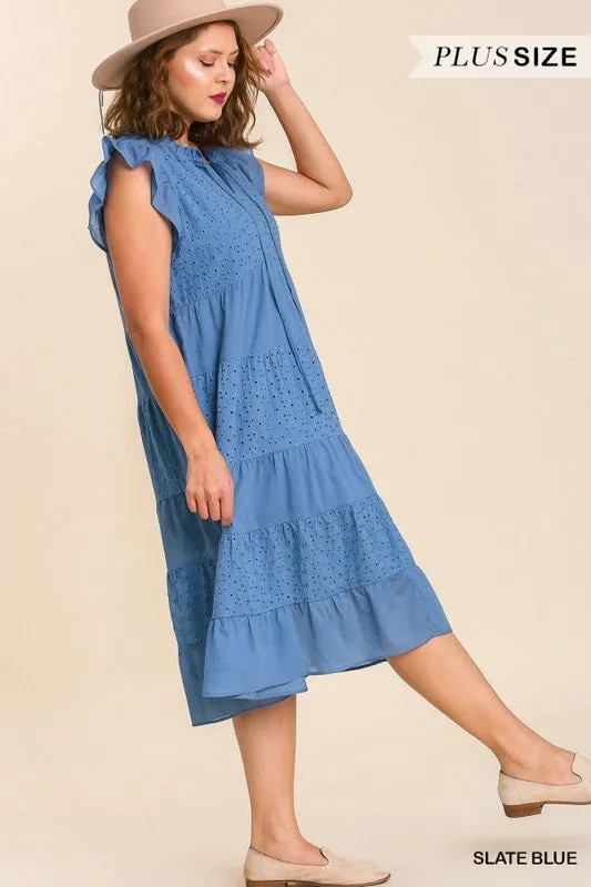 Eyelet/Solid Tie Neck Ruffle Sleeve Tiered Midi Dress