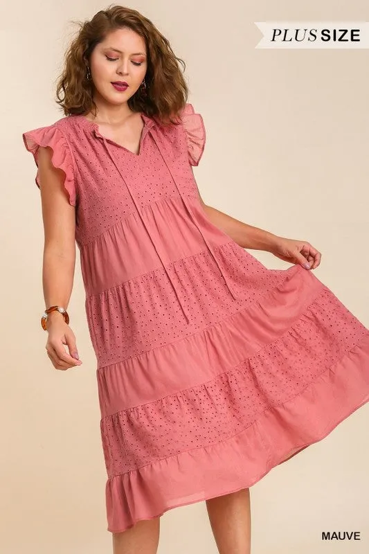 Eyelet/Solid Tie Neck Ruffle Sleeve Tiered Midi Dress