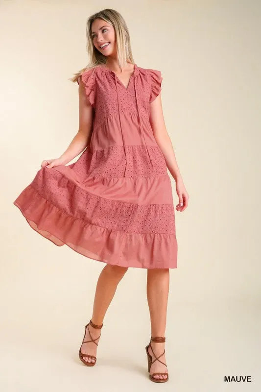 Eyelet/Solid Tie Neck Ruffle Sleeve Tiered Midi Dress