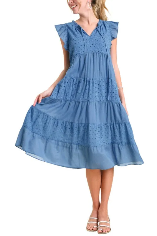 Eyelet/Solid Tie Neck Ruffle Sleeve Tiered Midi Dress