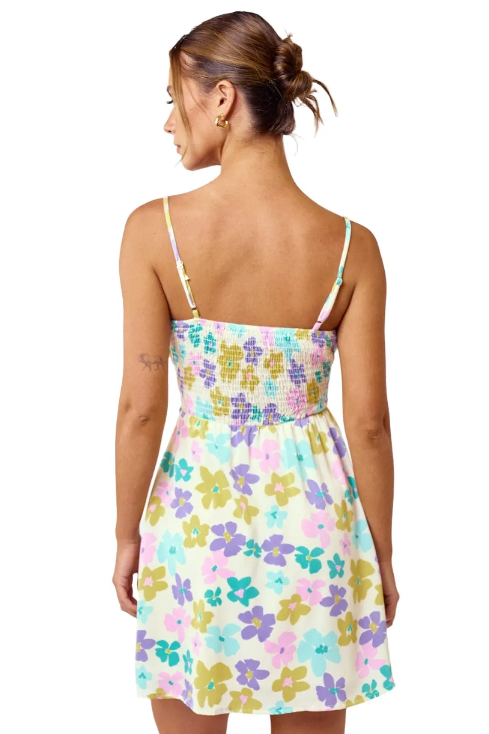 FLORAL CUT OUT SMOCKED BACK STRAPPY MINI DRESS