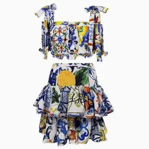 Floral Printed Bustier Puff Modern Sleeve Crop Top - White