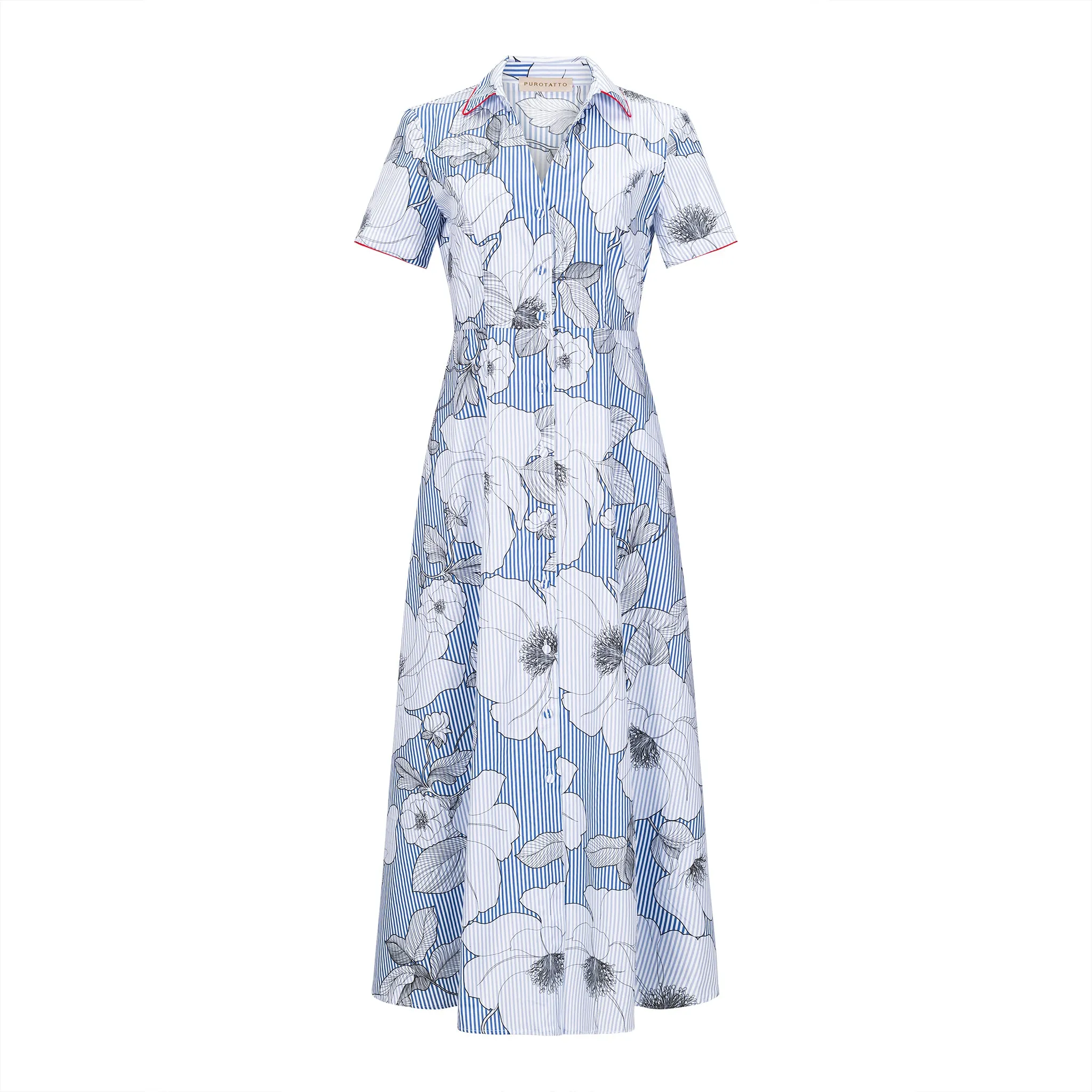 Floral Stripe Short Sleeve Shirt Dress - Blue