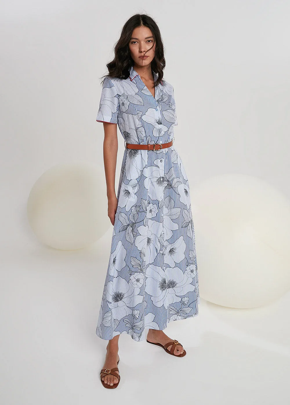 Floral Stripe Short Sleeve Shirt Dress - Blue