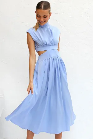 Flowy High Neck Ruched Trim Cutout Waist Summer Midi Sundress - Light Blue