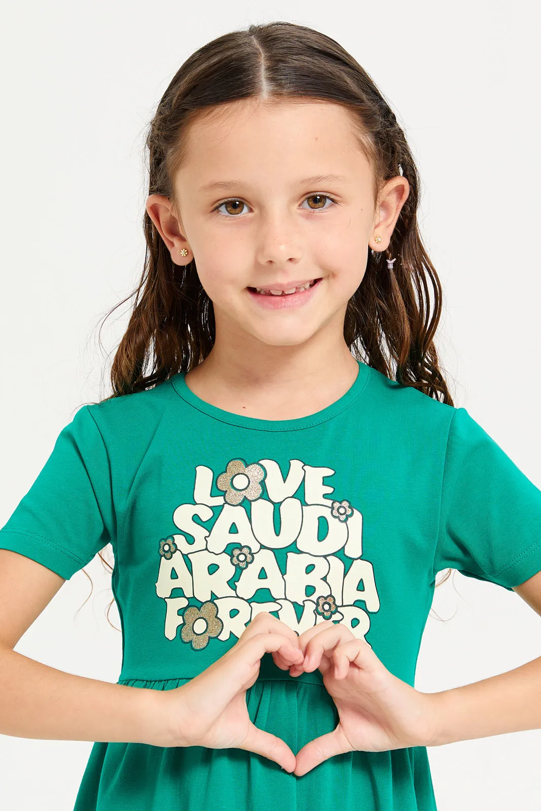 Girls Green Love Saudi Arabia Print Dress