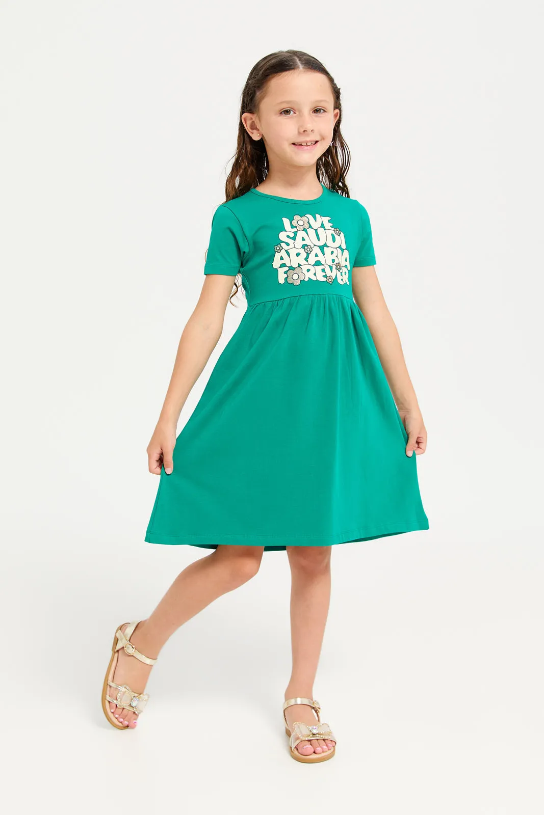 Girls Green Love Saudi Arabia Print Dress