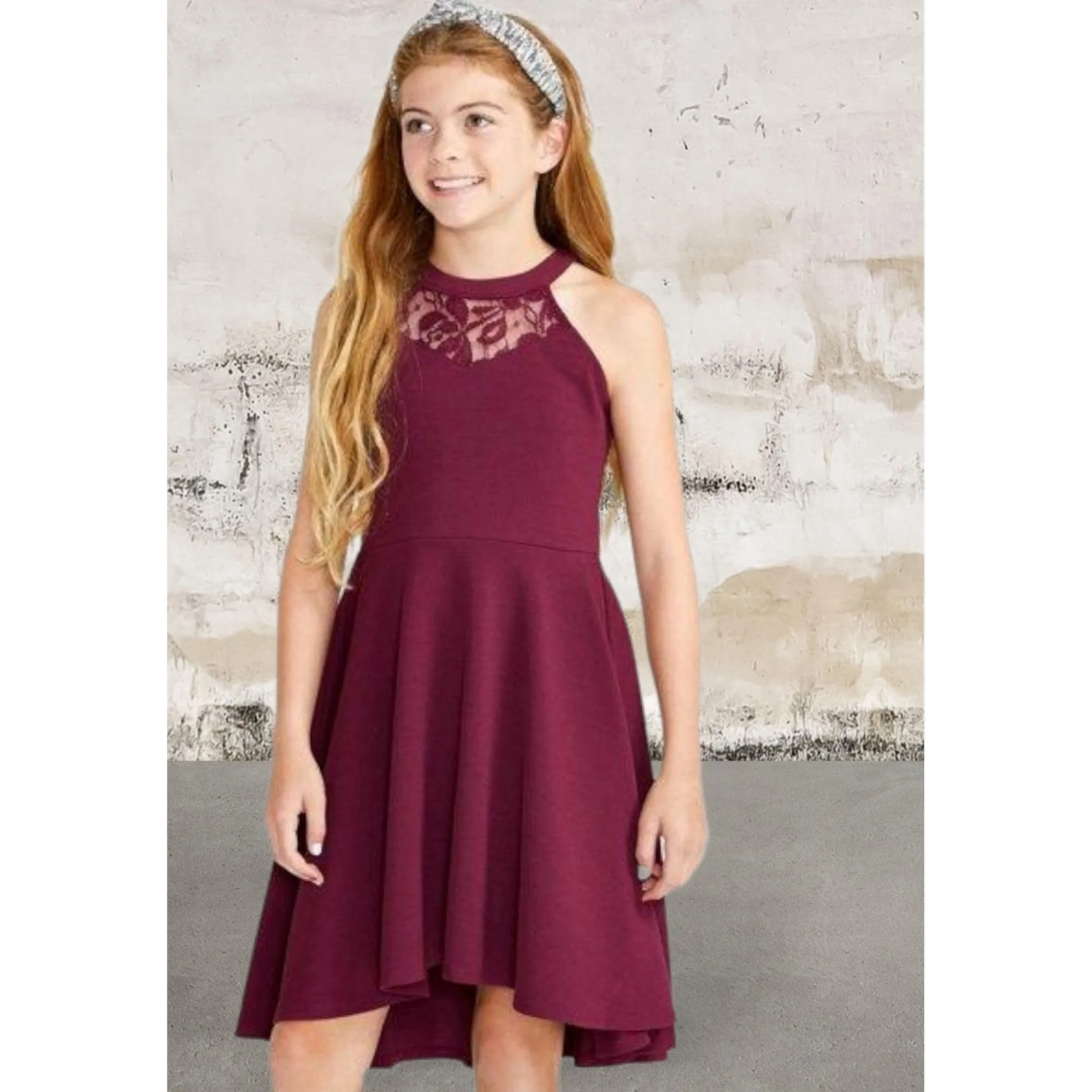 Girls sleeveless lace front knit dress