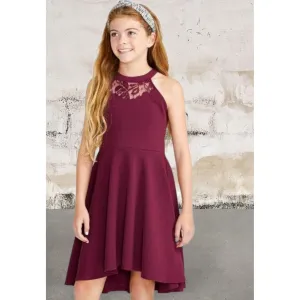 Girls sleeveless lace front knit dress