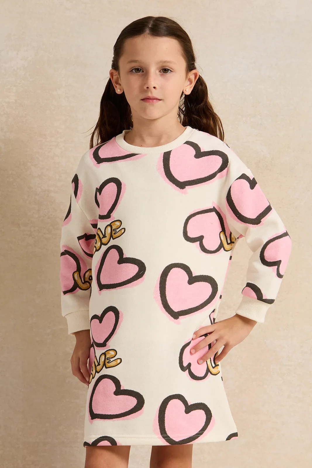 Girls White Heart Printed Sweatshirt Dress