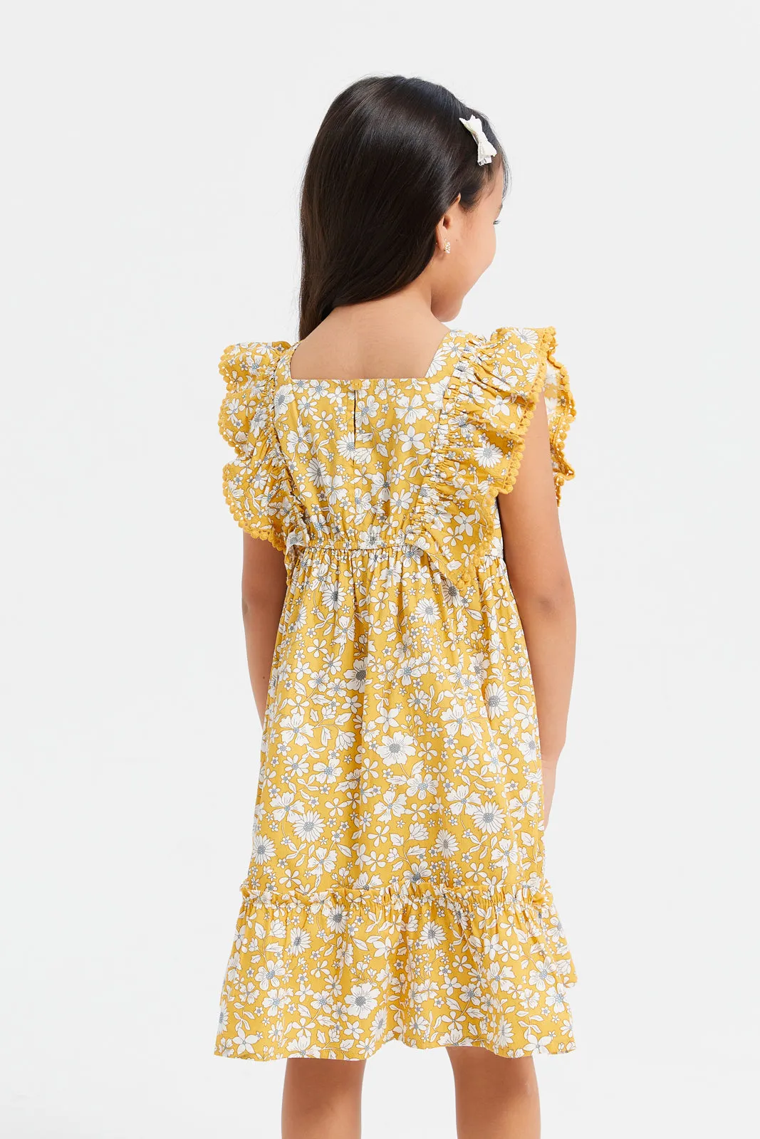 Girls Yellow Floral Print With Frills Dress