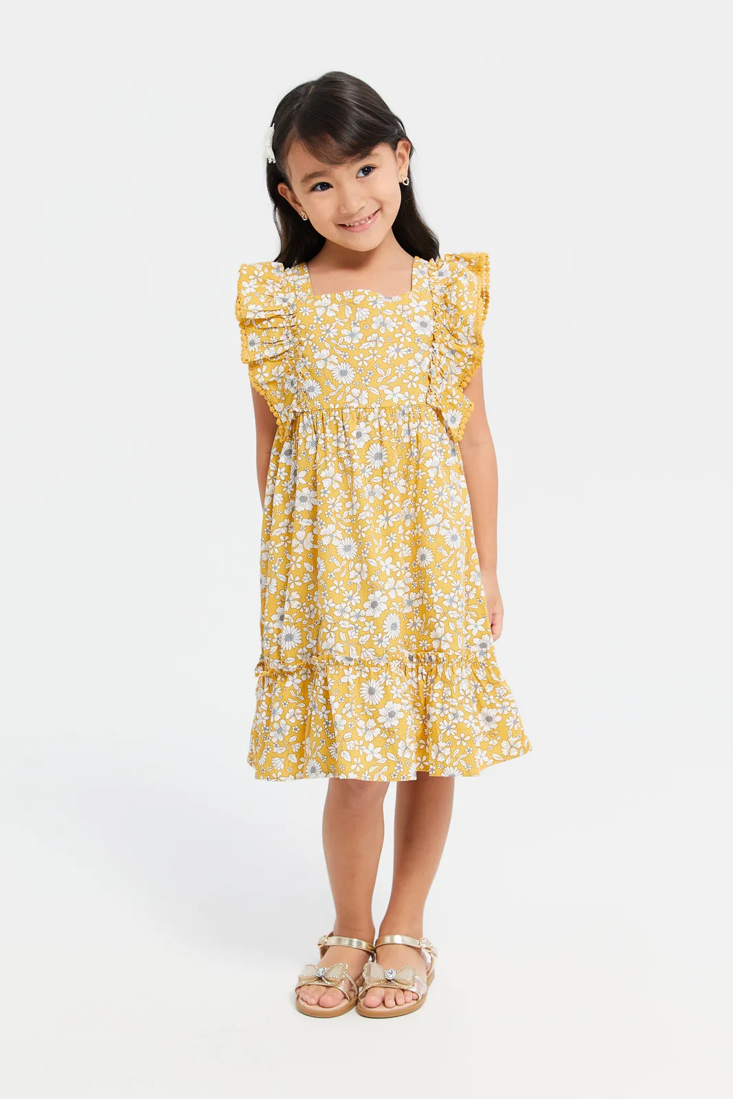 Girls Yellow Floral Print With Frills Dress