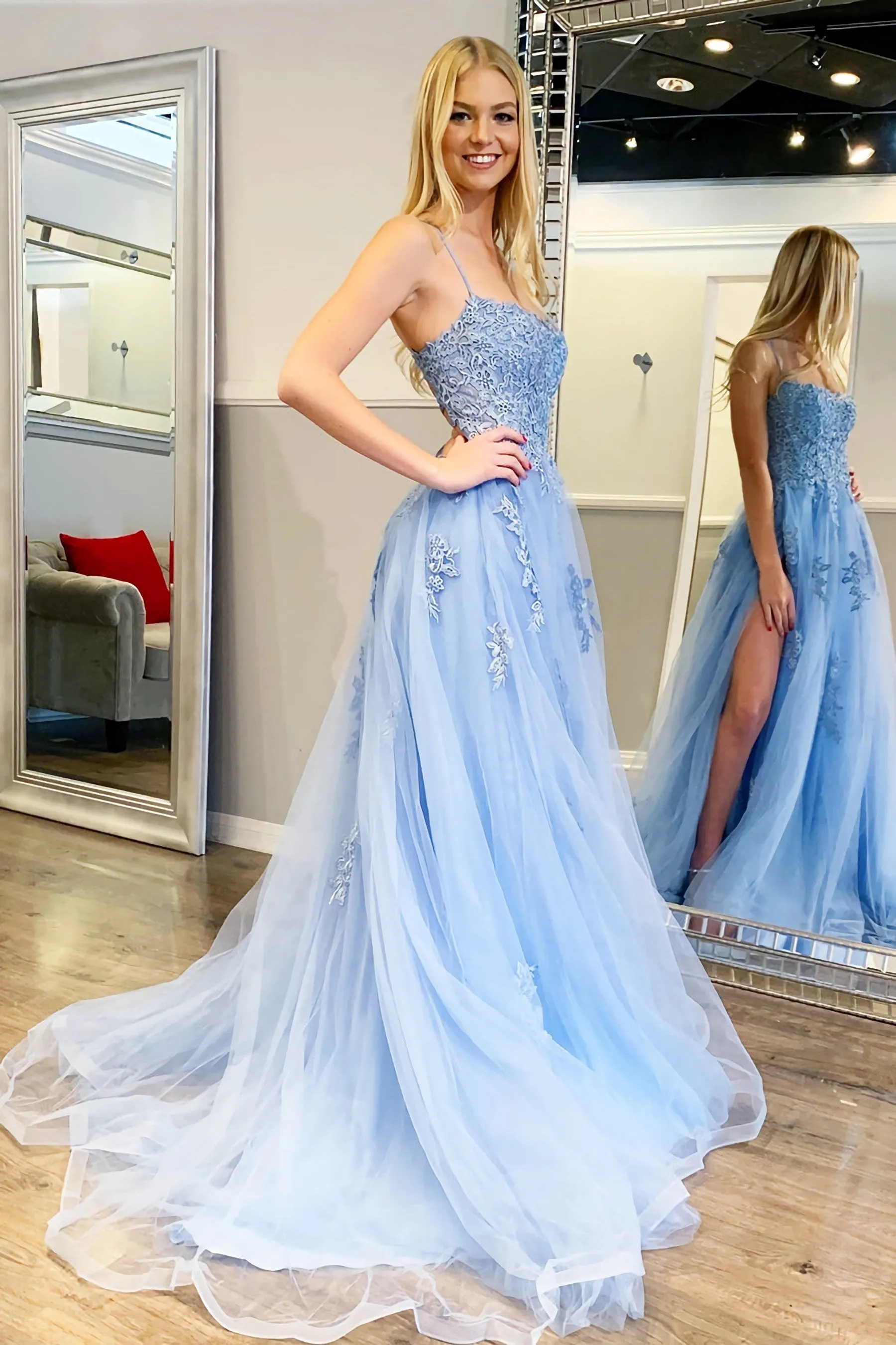 Gorgeous Backless Light Blue Floral Lace Long Evening Dress With Slit Light Blue Lace Formal Dresses