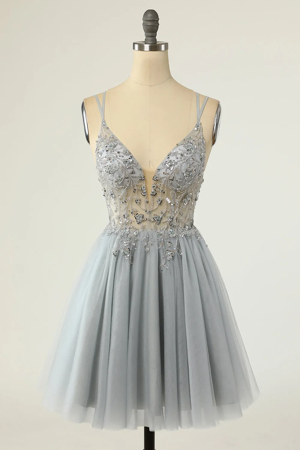 Gorgeous Grey Homecoming Dresses A Line Spaghetti Straps Short Prom Dresses with Beading