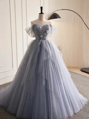 Gray Tulle Long Floral Prom Dresses, Gray Tulle Long Lace Formal Evening Dresses