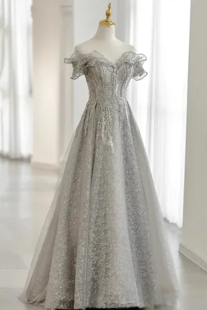 Grey Tulle Sequins Long A-Line Prom Dresses Off the Shoulder Evening Dresses