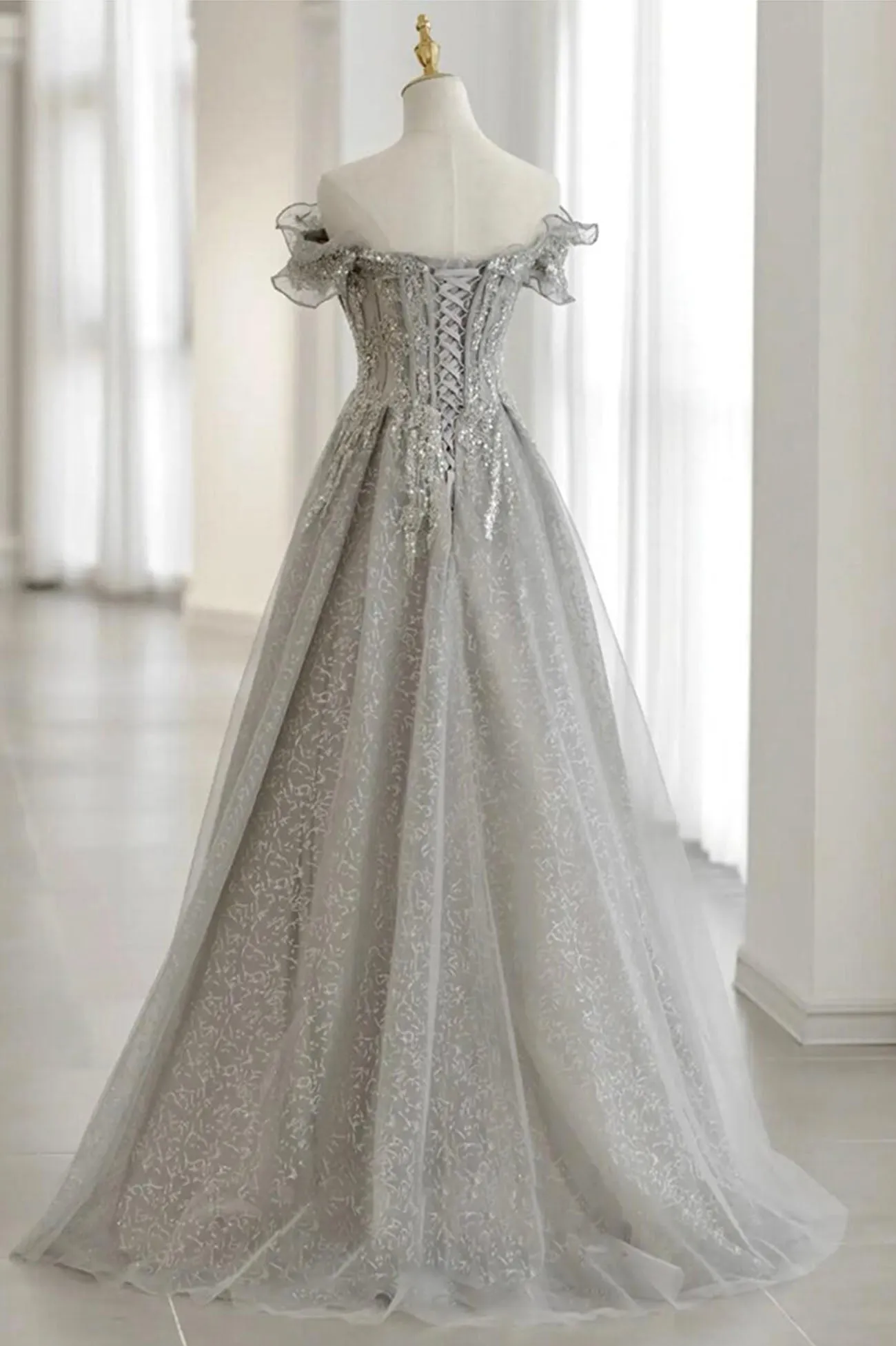 Grey Tulle Sequins Long A-Line Prom Dresses Off the Shoulder Evening Dresses