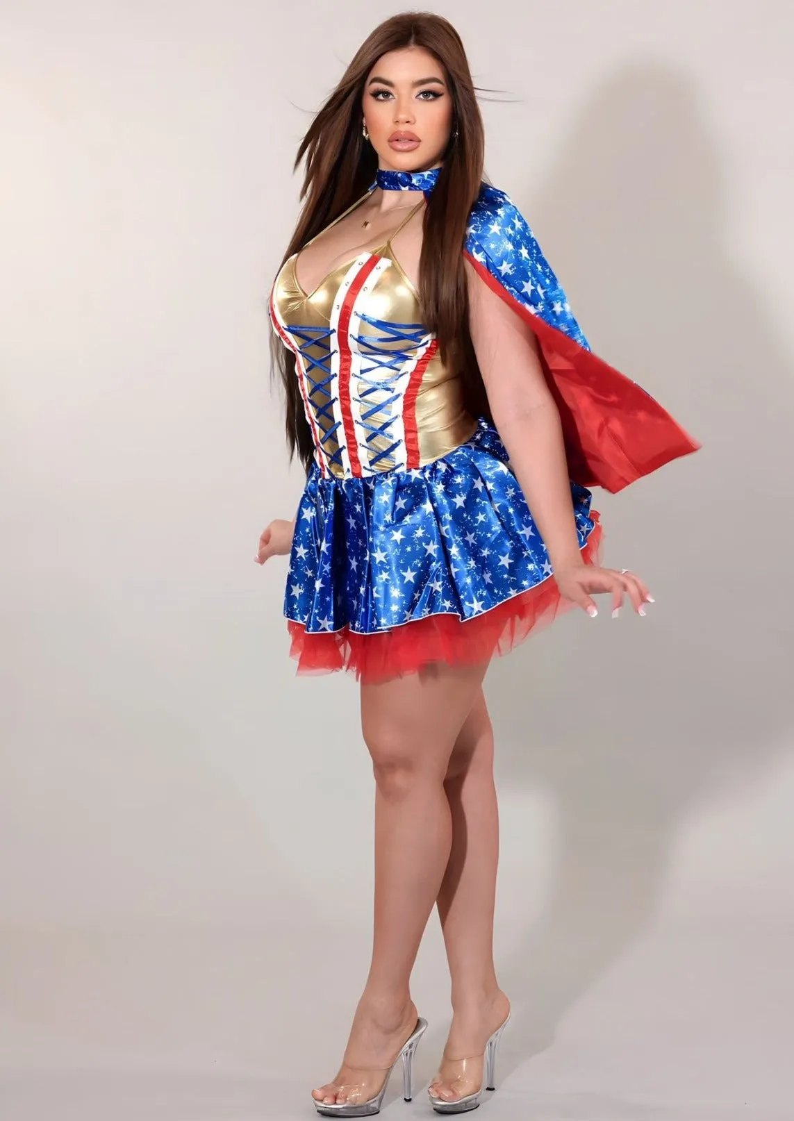 Halloween Super Girl Costume V-Neck Tube Mini Dress