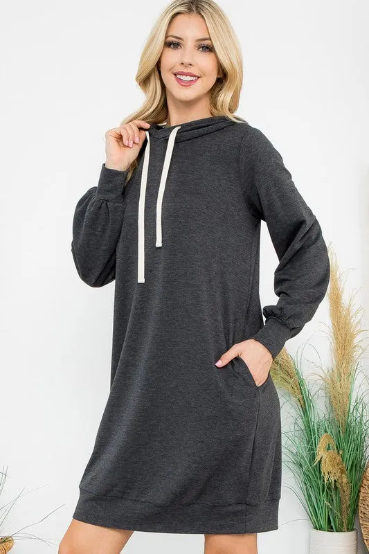 Happiness Begins Here - French Terry Long Sleeve Puff Hoodie Dress