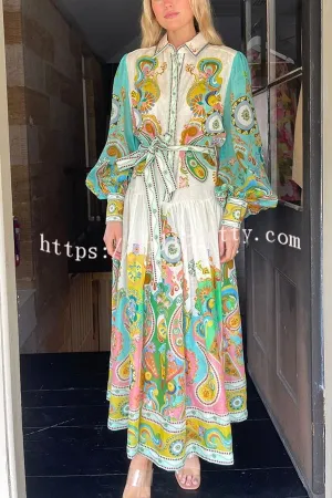 Hello Vacay Unique Print Balloon Sleeve Belt Shirt Midi Dress