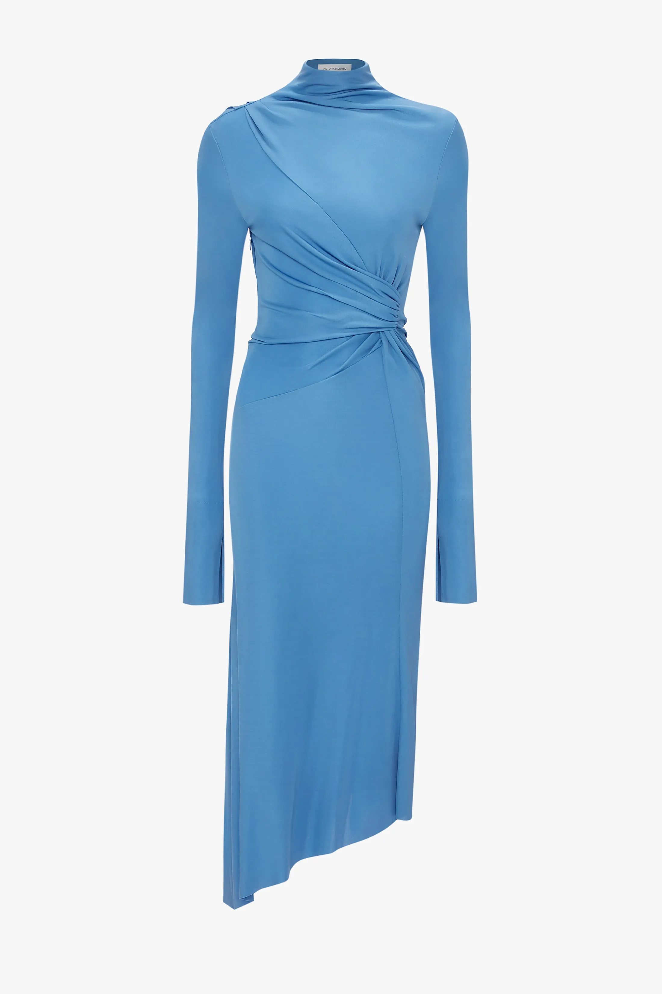 High Neck Asymmetric Draped Dress In Oxford Blue