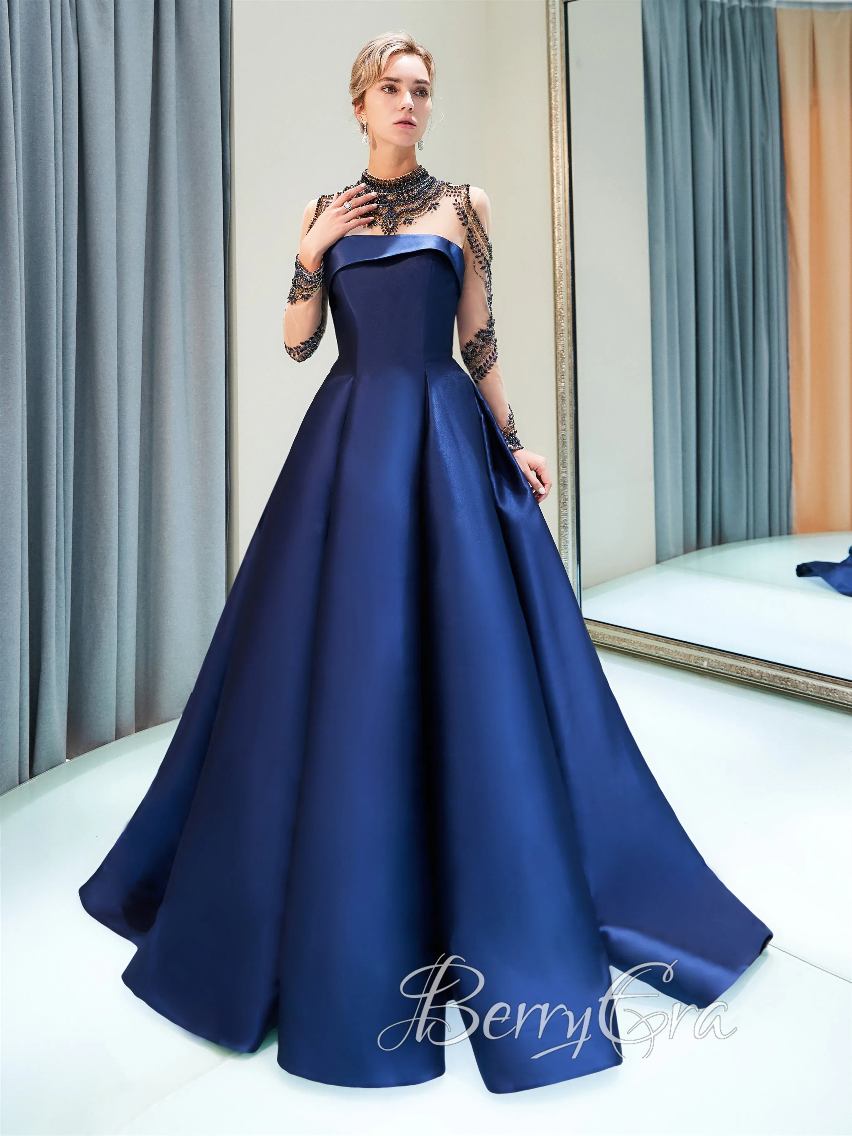 High Neck Beaded A-line Satin Prom Dresses. 2023 Prom Dresses, Long Prom Dresses, High Quality Evening Dresses