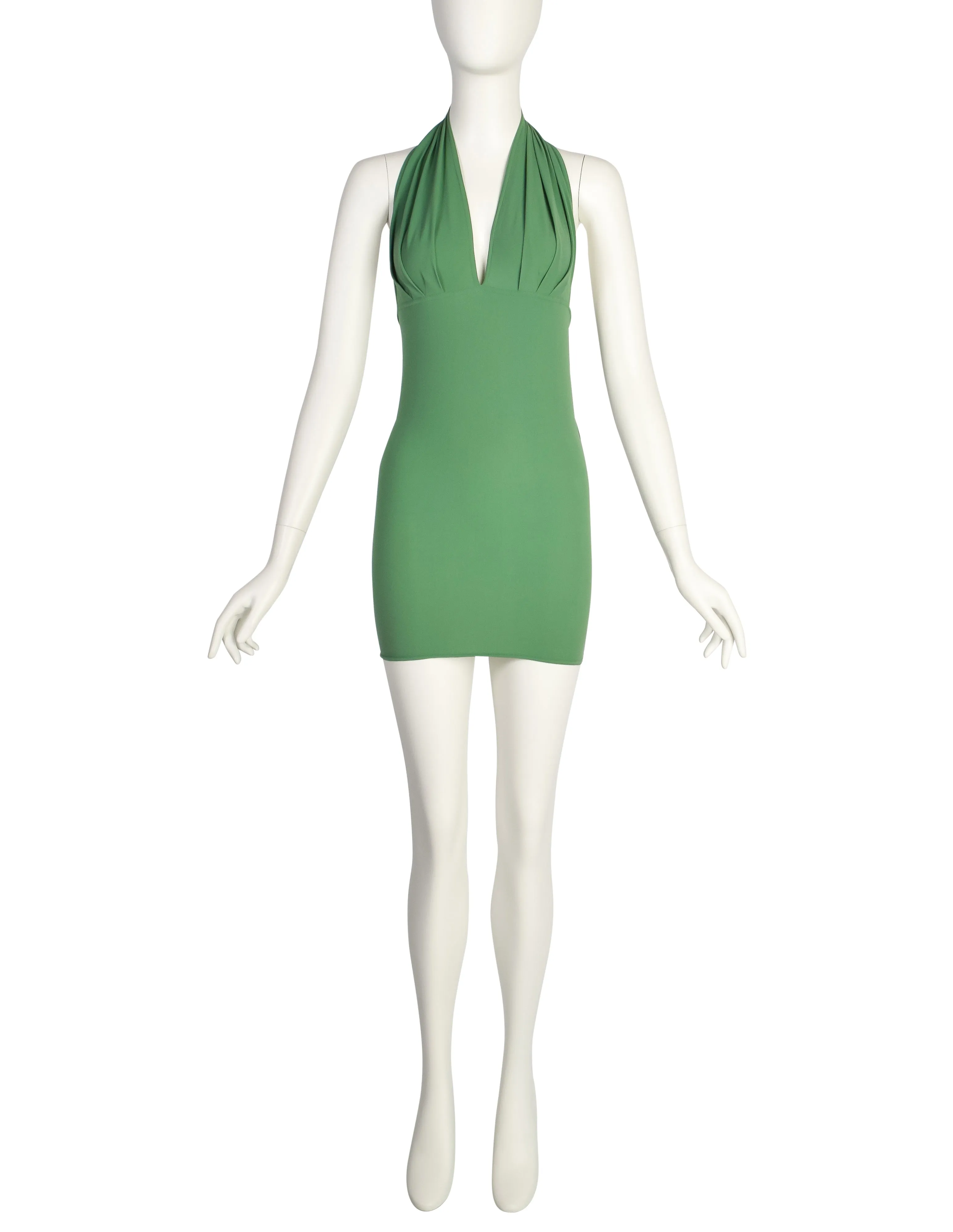 Katharine Hamnett Vintage SS 1991 Sexy Moss Green Halter Ultra Body Con Mini Dress