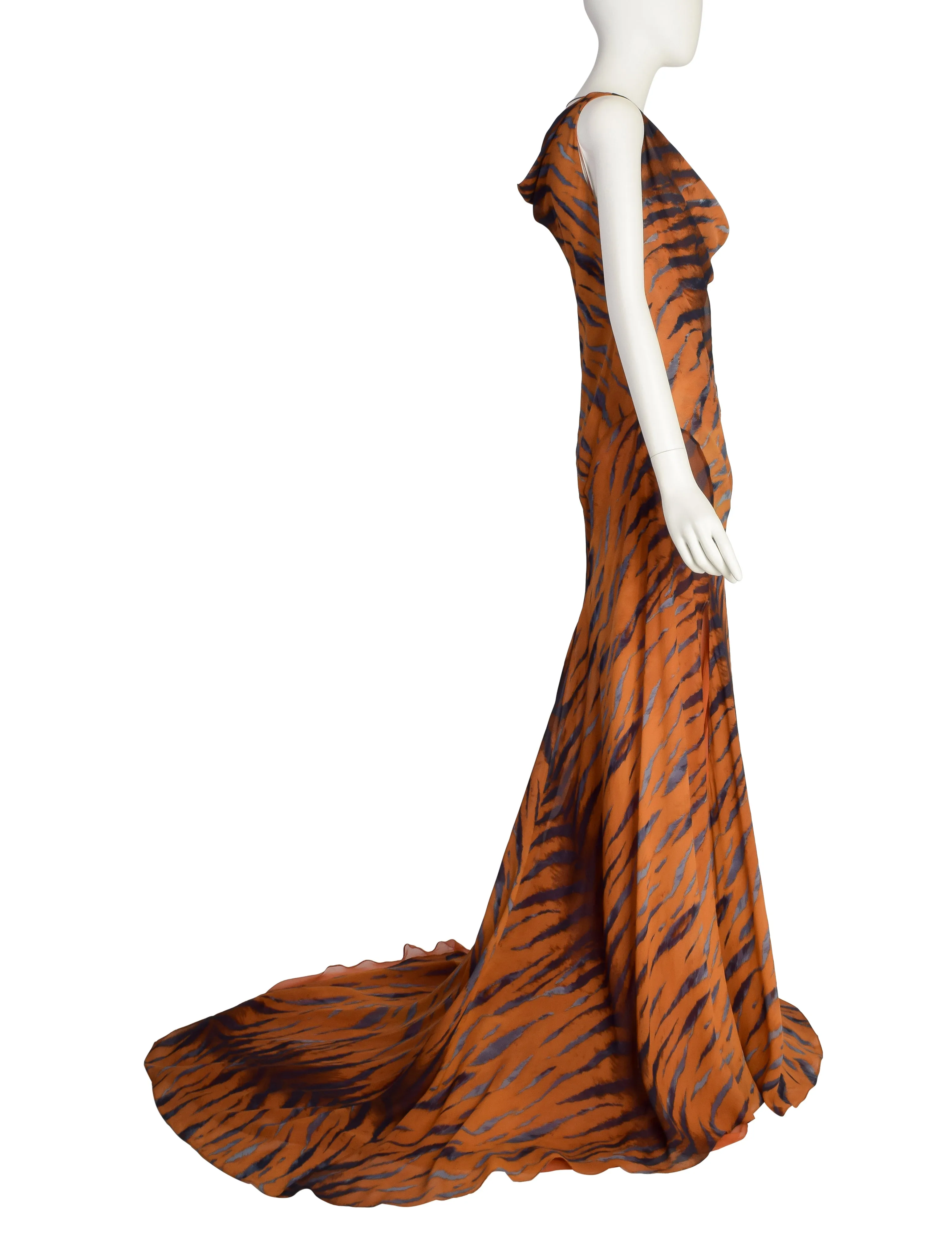 Krizia Vintage Archival Orange Blue Black Tiger Print Bias Cut Silk Chiffon Gown with Dramatic Train