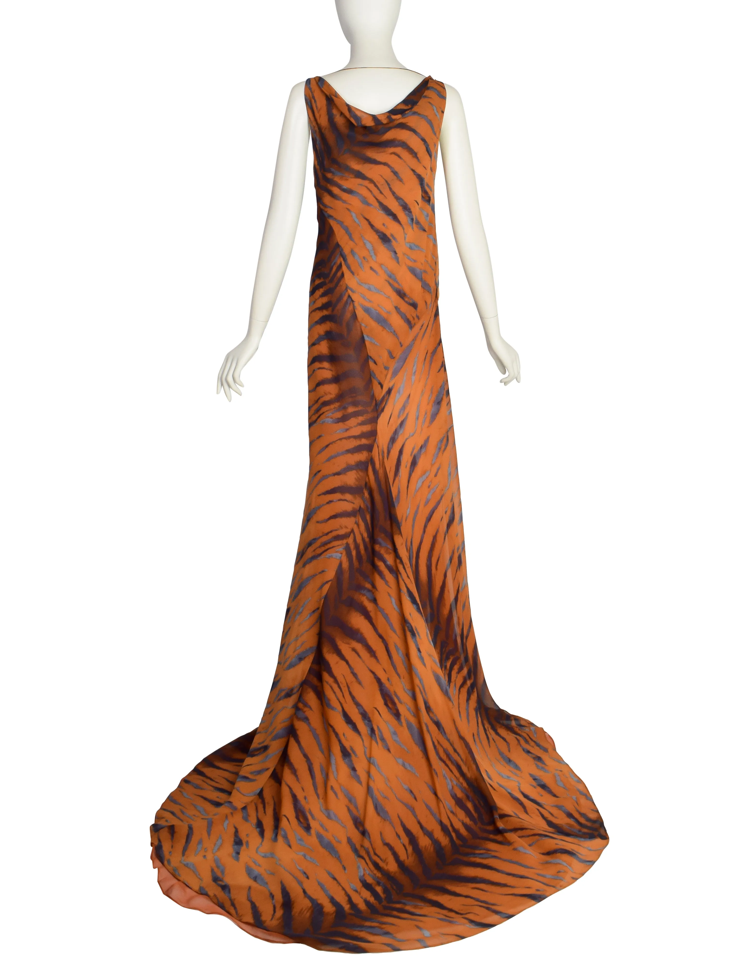 Krizia Vintage Archival Orange Blue Black Tiger Print Bias Cut Silk Chiffon Gown with Dramatic Train