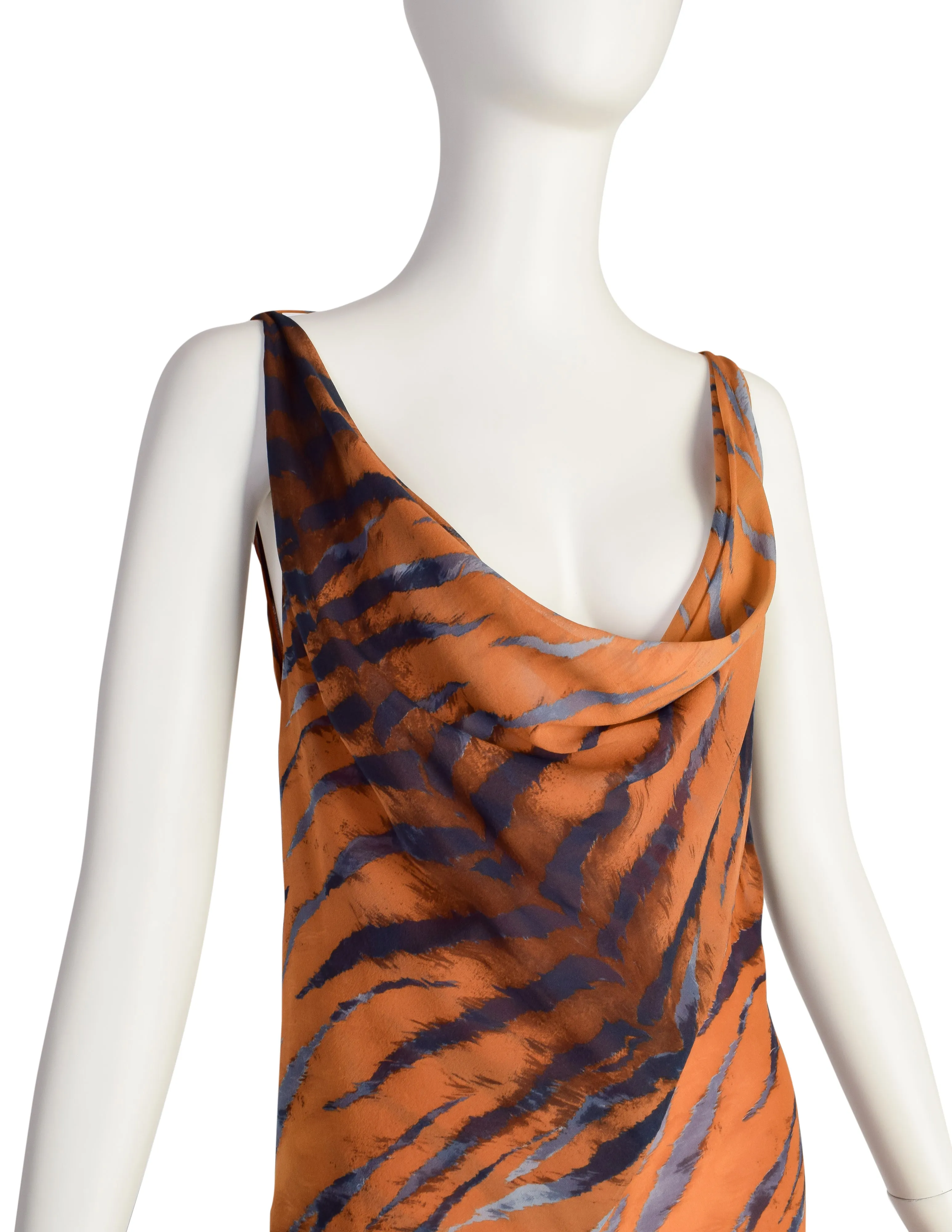 Krizia Vintage Archival Orange Blue Black Tiger Print Bias Cut Silk Chiffon Gown with Dramatic Train