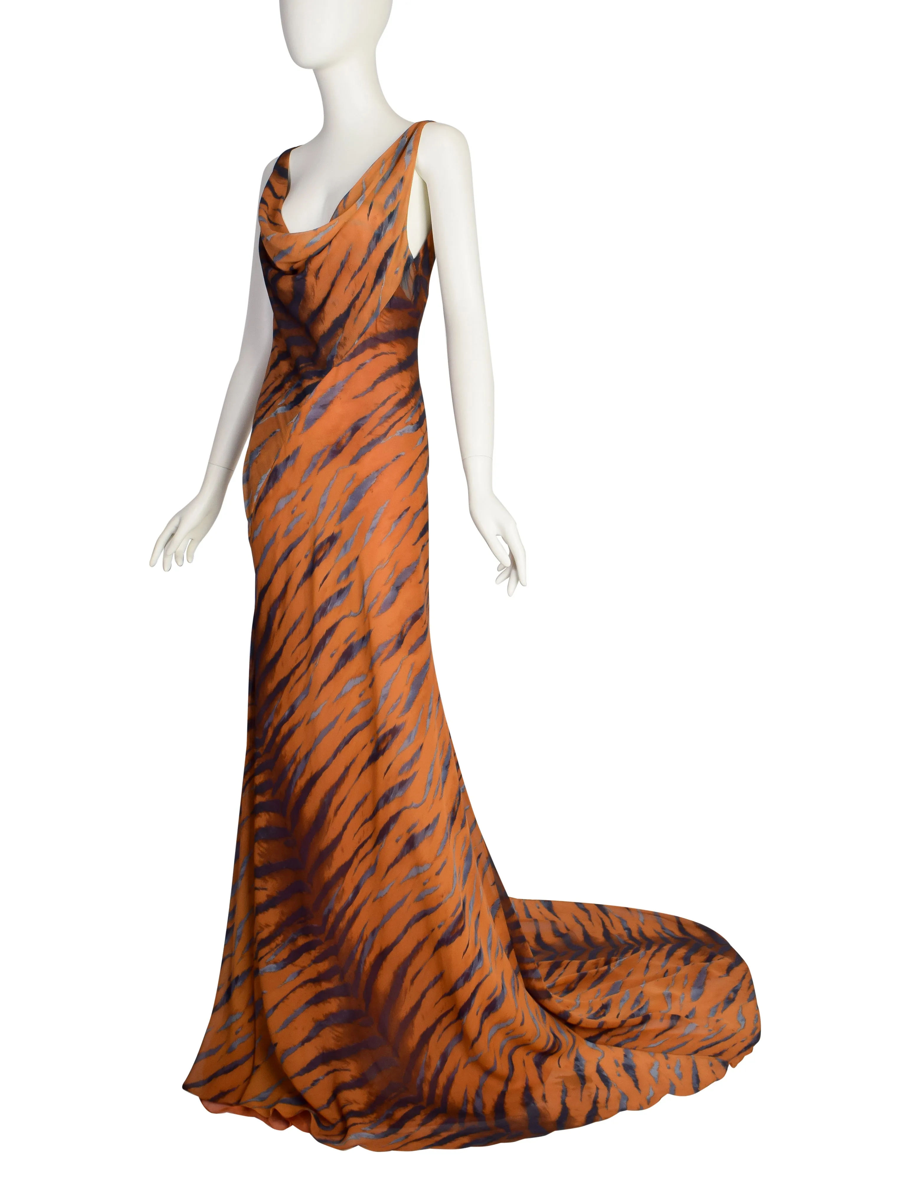 Krizia Vintage Archival Orange Blue Black Tiger Print Bias Cut Silk Chiffon Gown with Dramatic Train