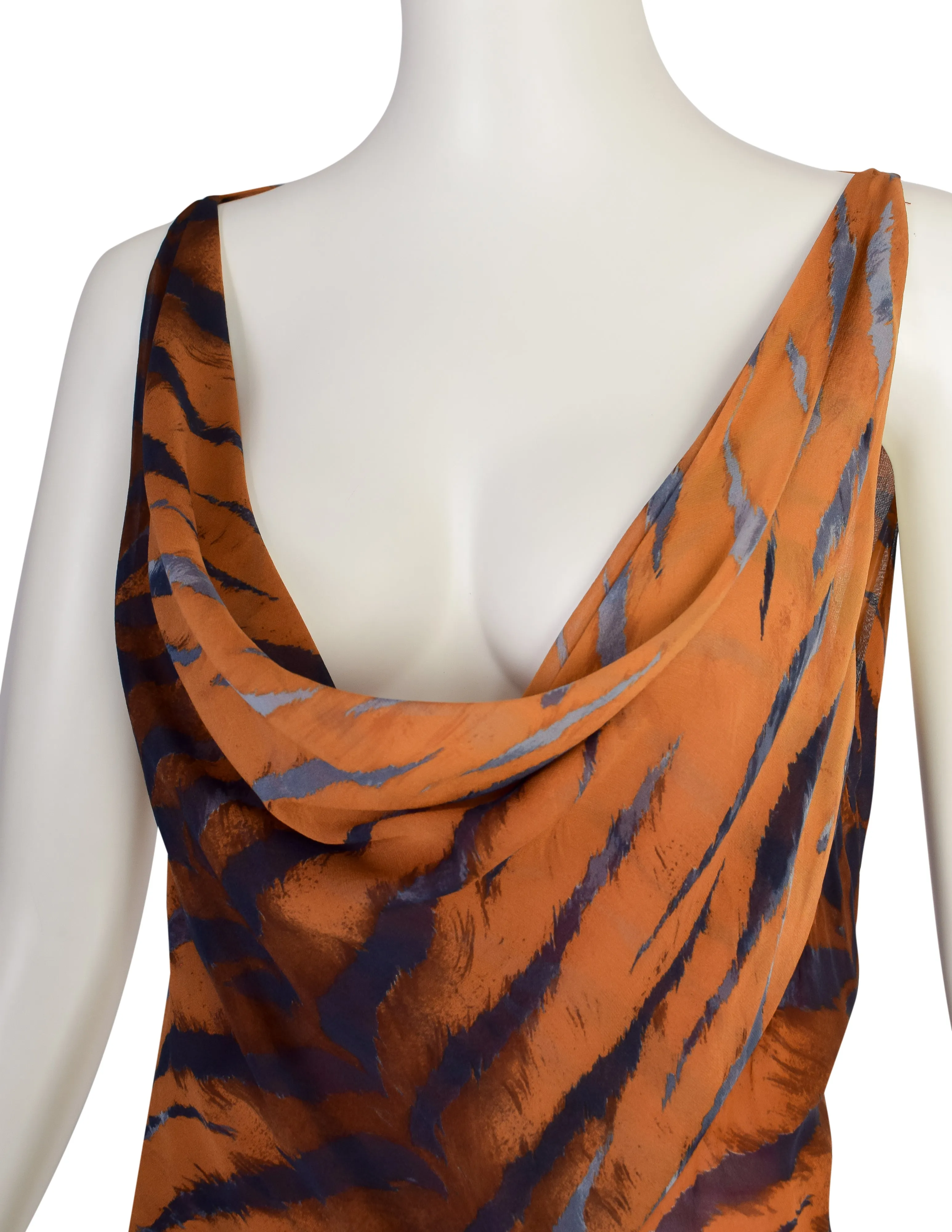 Krizia Vintage Archival Orange Blue Black Tiger Print Bias Cut Silk Chiffon Gown with Dramatic Train