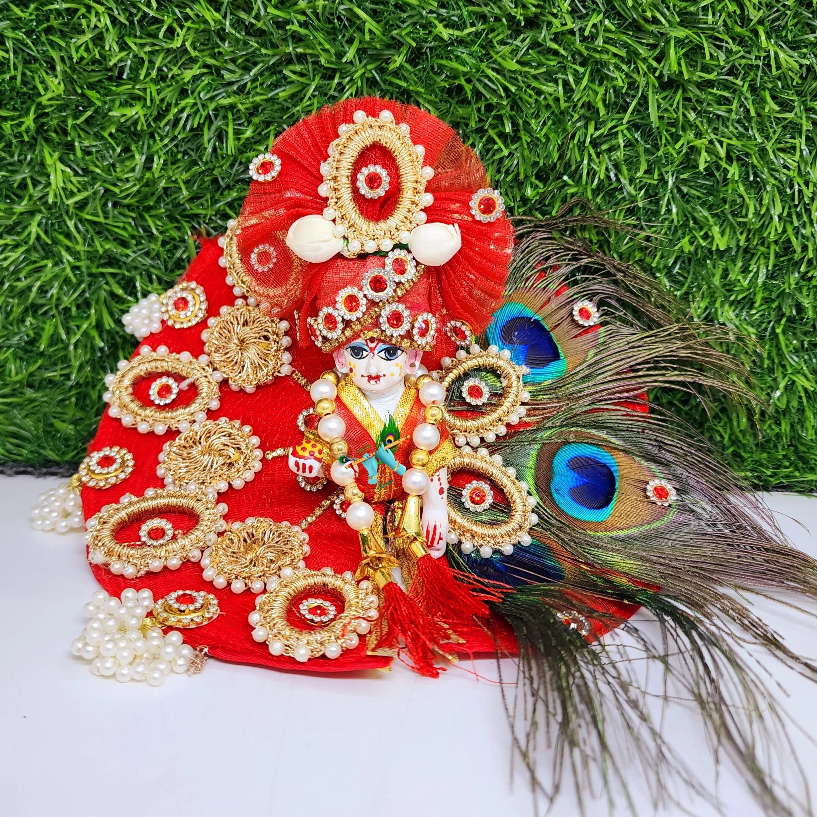 laddu gopal red morpankh heavy dress with pagdi