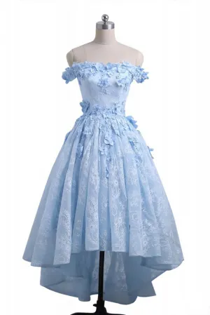 Light Blue Short Dress Lace High Low Homecoming Dress Floral Prom Dresses